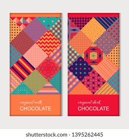Embalaje de barra de chocolate. Plantilla de diseño con motivos multicolor. Color geométrico adorno. Diseño de vectores.