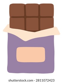 Chocolate bar partially unwrapped in a purple package with a blank label, isolated on a white background in a simple flat style.