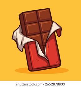 Barra de chocolate parcialmente desenrolada em papel vermelho, mostrada em um estilo animado divertido. Perfeito para marca de sobremesa, visuais relacionados a lanches ou embalagens de alimentos.

