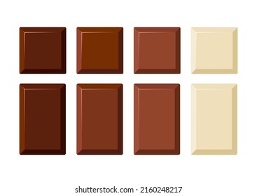 Chocolate bar piece chunk vector icon set. Yummy dark black, bitter, milky and white choco part square and rectangular shape. Flat design cartoon style cacao sweet food clip art illustration.