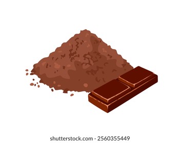 Chocolate bar piece and heap of cocoa powder isolated on white background. Vector cartoon flat illustration.