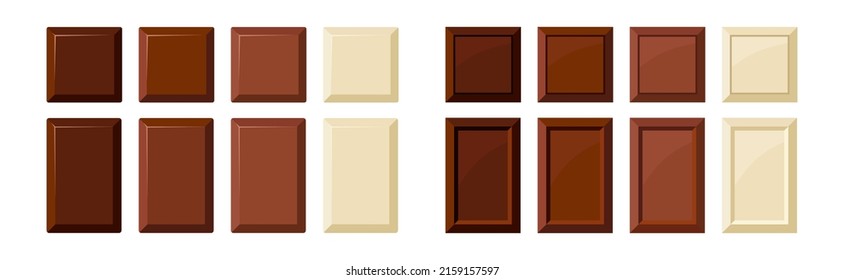 Chocolate bar piece vector icon set. Yummy dark black, bitter, milky and white choco chunk square and rectangular shape. Flat design cartoon style cacao sweet food clip art illustration.