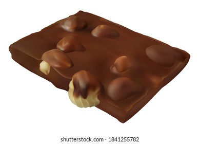 Chocolate bar piece with whole big hazelnuts. Realistic vector illustration. Candy isolated on white