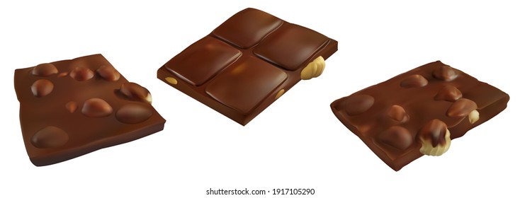 Chocolate bar piece with whole big hazelnuts. Realistic vector illustration. Candy set  isolated on white