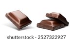 Chocolate bar pieces flying in air. Realistic 3d vector illustration set of dark brown cocoa sweet dessert. Square black or milk choco candy broken chunk. Falling delicious confectionery product cube.