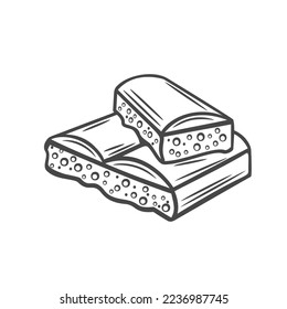 Chocolate bar pieces line icon vector illustration. Hand drawn outline with slab of black or milk chocolate with bubble texture cut into slices, stack of aerated broken porous choco food product