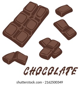Chocolate bar and pieces on a white background. Sweet foods. Hand drawn Vector illustration.