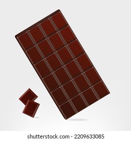 Chocolate bar with pieces on white background, closeup realistic vector illustration.