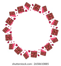 Piezas de barra de chocolate con marco redondo de esmalte de frambuesa rosa. Vector dibujado a mano ilustración para el empaquetado del postre, productos dulces y diseño de confitería aislado en blanco con espacio de copia