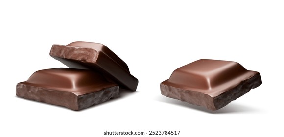 Schokoriegel einzeln auf weißem Hintergrund. Vektorrealistische Illustration von 3D-Stücken Milch oder dunklen Süßigkeiten, zerbrochene quadratische Bonbons aus Kakao, bittere Dessertzutat, Diät-Snack