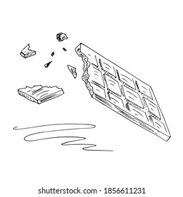 Barra de chocolate, trozos de chocolate. Esbozo. Ilustración vectorial.