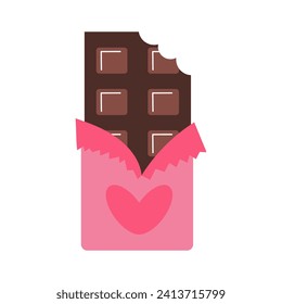 Chocolate bar in pink foil with a heart. Valentine's day dessert. Romantic clipart for wedding, birthday or anniversary. 