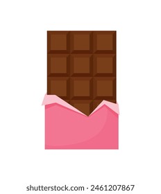 Chocolate bar with pink wrapper. Half open wrapper square chocolate. Cocoa organic product vector illustration isolated on white background