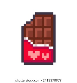 Chocolate bar pixel icon isolated on white background. Bitten chocolate in a red package with heart. Vector illustration of Valentine's Day elements in 8 bit style.