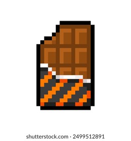 Chocolate bar pixel icon isolated on white background. Bitten chocolate in package with black and orange stripes. Vector illustration of Halloween elements in 16 bit style.