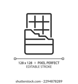 Chocolate bar pixel perfect linear icon. Candy store. Cocoa bean. Confectionery product. Sweet confection. Thin line illustration. Contour symbol. Vector outline drawing. Editable stroke