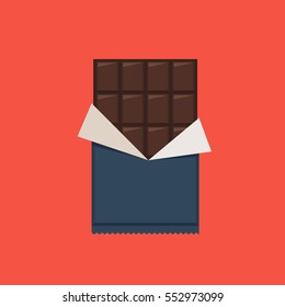 Chocolate bar, polyethylene wrap. Vector illustration in flat style on red background