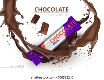 Chocolate bar realistic Mock up Vector label design. Splash and chocolate drops background