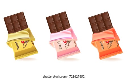 Chocolate bar realistic set. Product package Vector labels