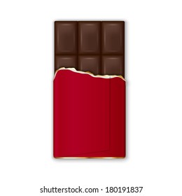 Chocolate Bar In Red Wrap With Golden Foil. Vector