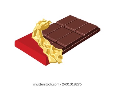 Chocolate bar in red wrapper and gold foil isolated on white background. Vector cartoon illustration of sweets.