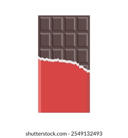 Barra de chocolate con envoltura roja medio abierta. Chocolate con leche. Icono de producto de cacao. Ilustración vectorial aislada sobre fondo blanco.