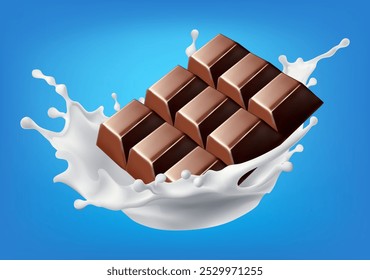 A barra de chocolate gira em respingos de leite sobre fundo Isolado sobre fundo. Ilustração vetorial. Malha de gradiente