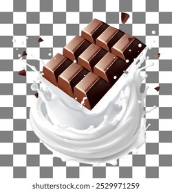A barra de chocolate gira em respingos de leite sobre fundo Isolado sobre fundo. Ilustração vetorial. Malha de gradiente