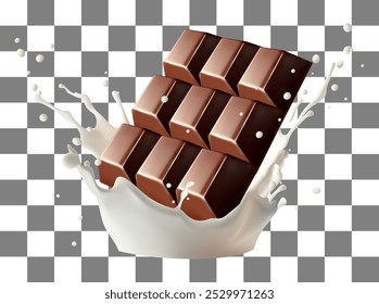 Chocolate bar rotates in splashes of milk on background Isolated on background. Vector illustration. Gradient Mesh