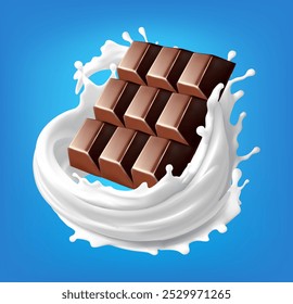 A barra de chocolate gira em respingos de leite sobre fundo Isolado sobre fundo. Ilustração vetorial. Malha de gradiente