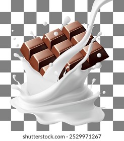 A barra de chocolate gira em respingos de leite sobre fundo Isolado sobre fundo. Ilustração vetorial. Malha de gradiente