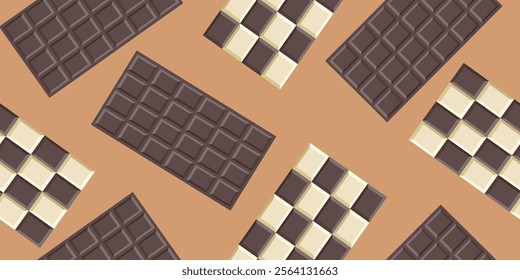 Chocolate bar seamless background. Patterned design with milk and white chocolate bars.