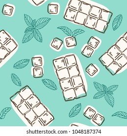 Chocolate bar seamless pattern. Vector  hand drawn sketches bitten chocolates and mint leafs. 