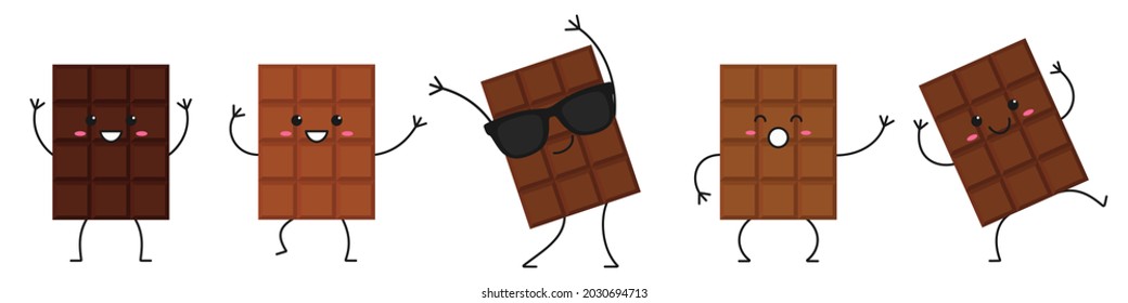 Chocolate bar set beautiful character cartoon smiling face happy sweet emotions  dark milky dance moves delicious dessert vector illustration.