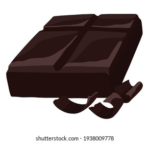 Chocolate bar and shavings. Single hand drawn vector stock illustration. Colored realistic style clipart, isolated on white. Volumetric drawing for candy shop, menu decor, design, sticker, wrap, logo.