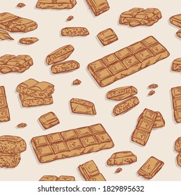 Chocolate bar sketch hand-drawn design. Milk dessert tasty sweets  seamless pattern, cacao repeat snack drawing in brown color .
