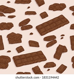Chocolate bar sketch hand-drawn design. Milk dessert tasty sweets  seamless pattern, cacao repeat snack drawing in brown color .