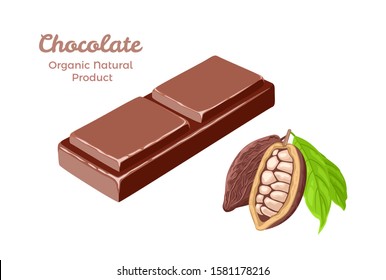 Chocolate bar slice isolated on white background and cocoa fruit. Vector illustration of tasty sweets and cocoa beans in cartoon simple flat style.