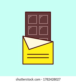 A chocolate bar in a slightly open package. Yellow packing. Place for your text. Vector illustration. In a realistic style. On a white background.