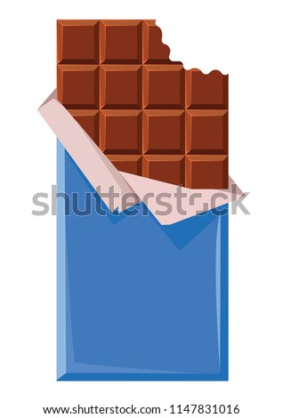 A chocolate bar in a slightly open package. A bite on the chocolate. Blue packing. Place for your text. Vector illustration. In a realistic style. On a white background.