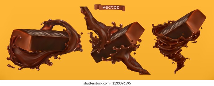 Chocolate Bar With Splash. 3d Realistic Vector