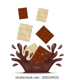 chocolate bar with a splash of chocolate on white background