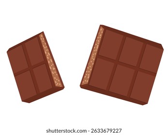 Chocolate bar split open with nuts inside. Cartoon vector treat in broken form. For stickers, shop displays, dessert posters, menu layouts, sweet product designs, visuals