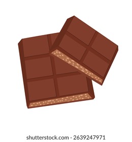 Chocolate bar split open with nuts inside. Cartoon vector treat in broken form. For stickers, shop displays, dessert posters, menu layouts, sweet product designs, visuals