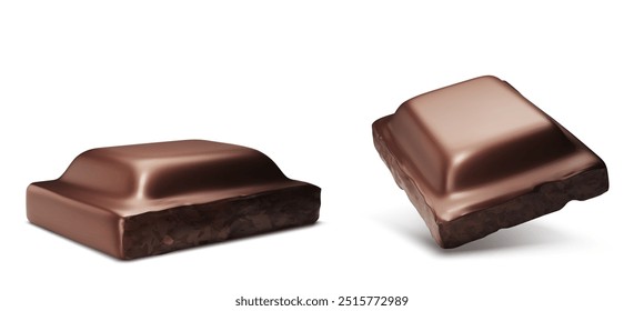 Chocolate bar square piece lying and flying. Realistic 3d vector illustration set of dark brown cocoa sweet dessert chunk. Black or milk broken choco candy single cube. Tasty cacao confectionery.