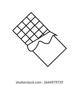 Schokoladenriegel mit Quadraten in Wrapper-Umriss, Vektorsymbol, Schokoladensymbol auf weißem Hintergrund.