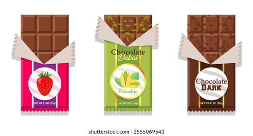 Chocolate bar with strawberry pistachio dark chocolate set illustration vector