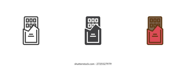 Barra de chocolate dulce snack diferente estilo icono conjunto. Icono colorido de línea, contorno sólido y relleno, signo y símbolo de Vector. Icono del chocolate para el supermercado, el postre y el icono del caramelo.
