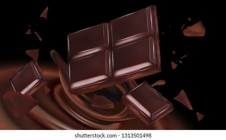 Chocolate bar with tasty liquid twisted in the middle isolated on solid color background, Vector realistic in 3d illustration. Food concept.