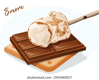 Chocolate Bar and Toasted Marshmallow with Stick on a Cracker. S`more Detailed Illustration Isolated. Confectionery Graham Cracker Sandwich 